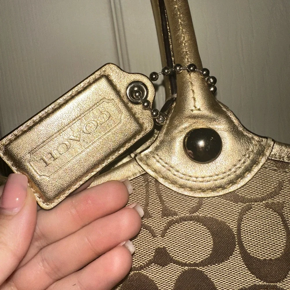 Coach Brown Signature Jacquard Bleecker brown Canvas Tote with Gold Trim Y2K